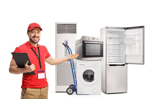 shop assistant showing electrical appliances isolated on white background